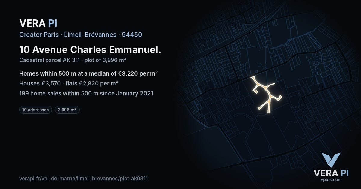 10 Avenue Charles Emmanuel, Limeil-Brévannes at night – the plot lit, the parcels around coloured by the prices near them