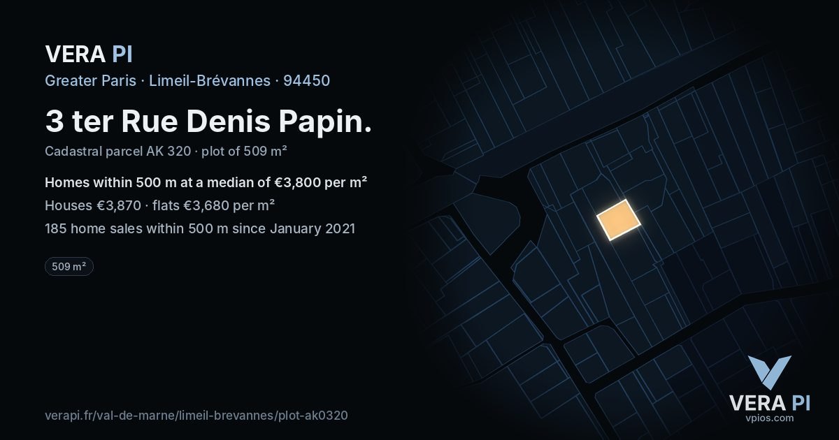 3 ter Rue Denis Papin, Limeil-Brévannes at night – the plot lit, the parcels around coloured by the prices near them