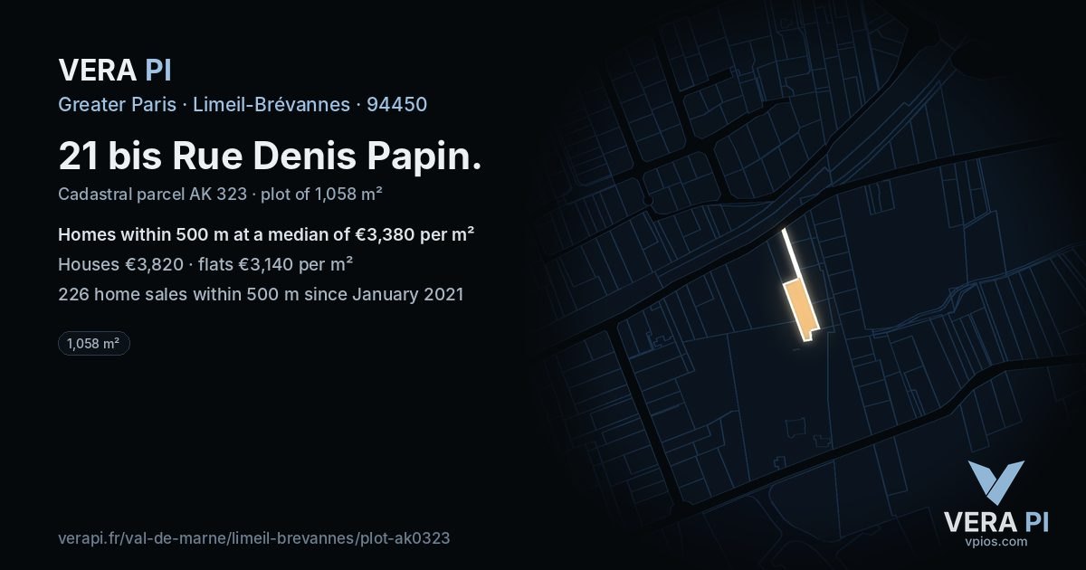 21 bis Rue Denis Papin, Limeil-Brévannes at night – the plot lit, the parcels around coloured by the prices near them