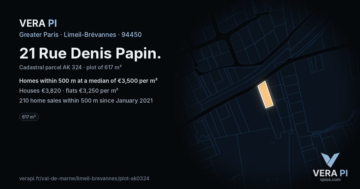 21 Rue Denis Papin, Limeil-Brévannes at night – the plot lit, the parcels around coloured by the prices near them