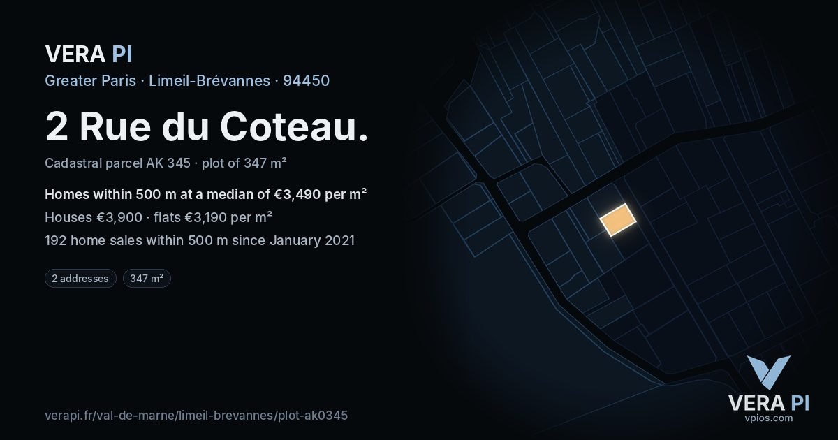 2 Rue du Coteau, Limeil-Brévannes at night – the plot lit, the parcels around coloured by the prices near them