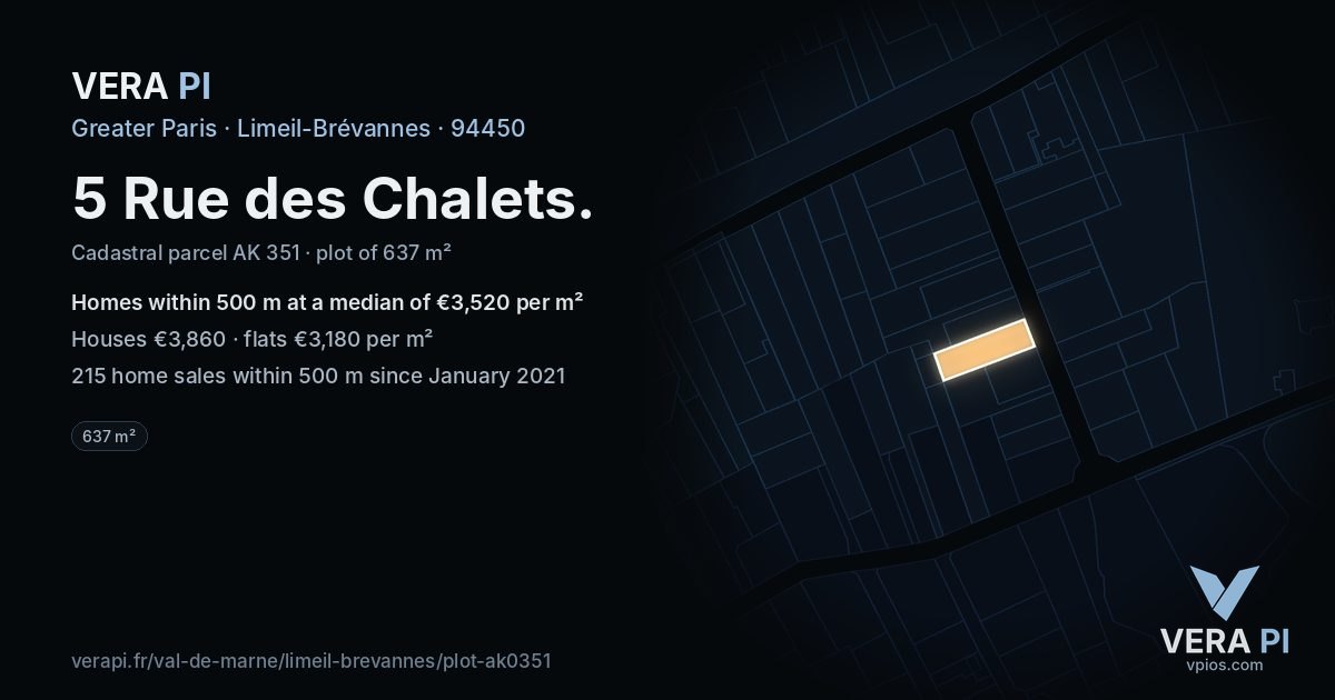 5 Rue des Chalets, Limeil-Brévannes at night – the plot lit, the parcels around coloured by the prices near them