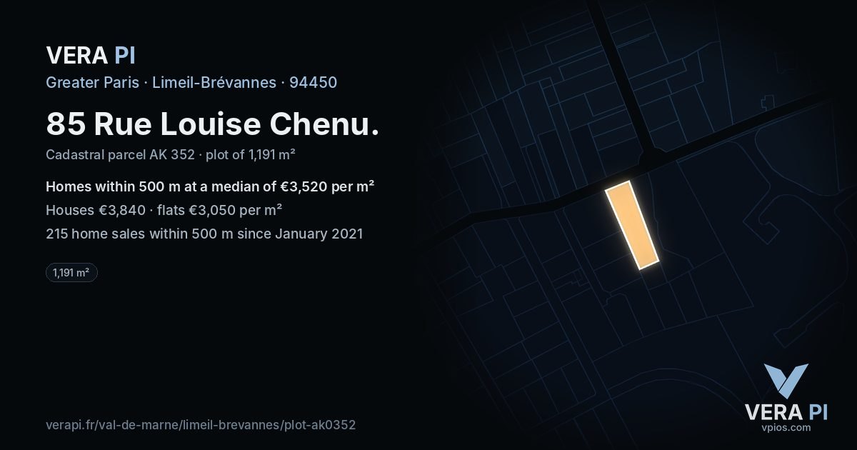 85 Rue Louise Chenu, Limeil-Brévannes at night – the plot lit, the parcels around coloured by the prices near them