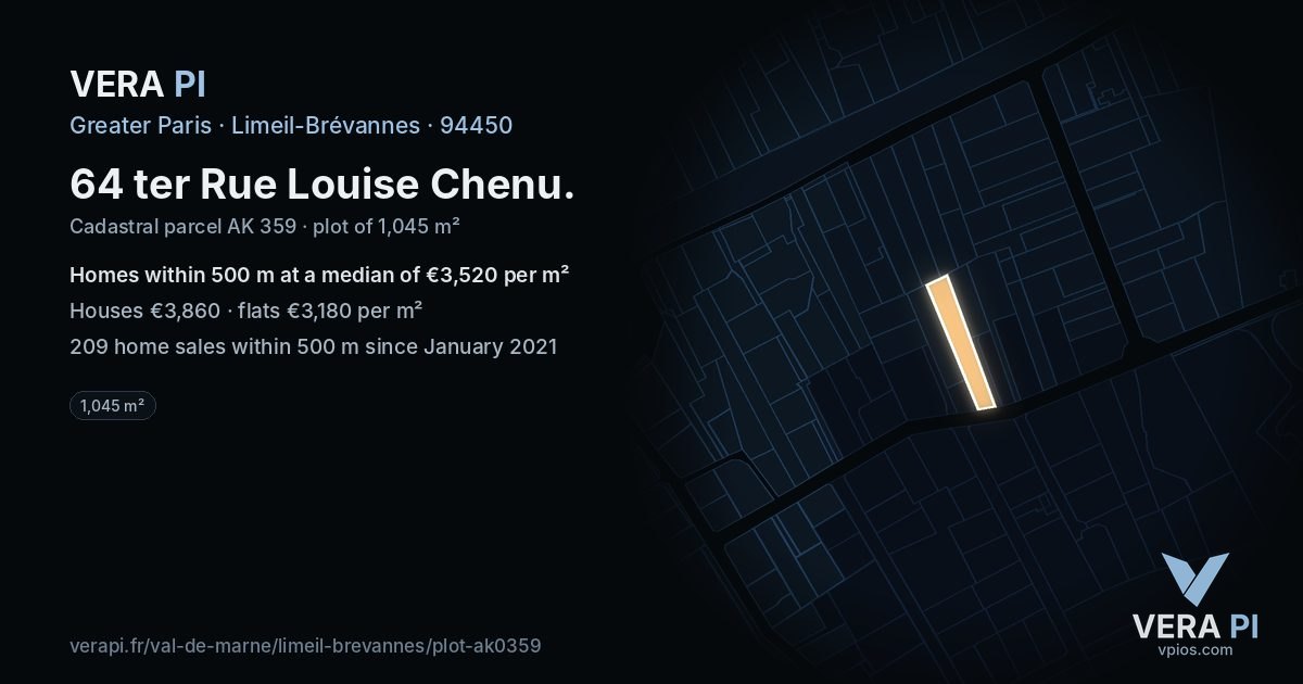 64 ter Rue Louise Chenu, Limeil-Brévannes at night – the plot lit, the parcels around coloured by the prices near them