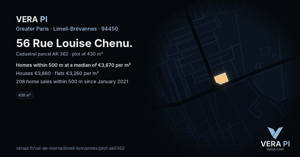 56 Rue Louise Chenu, Limeil-Brévannes at night – the plot lit, the parcels around coloured by the prices near them