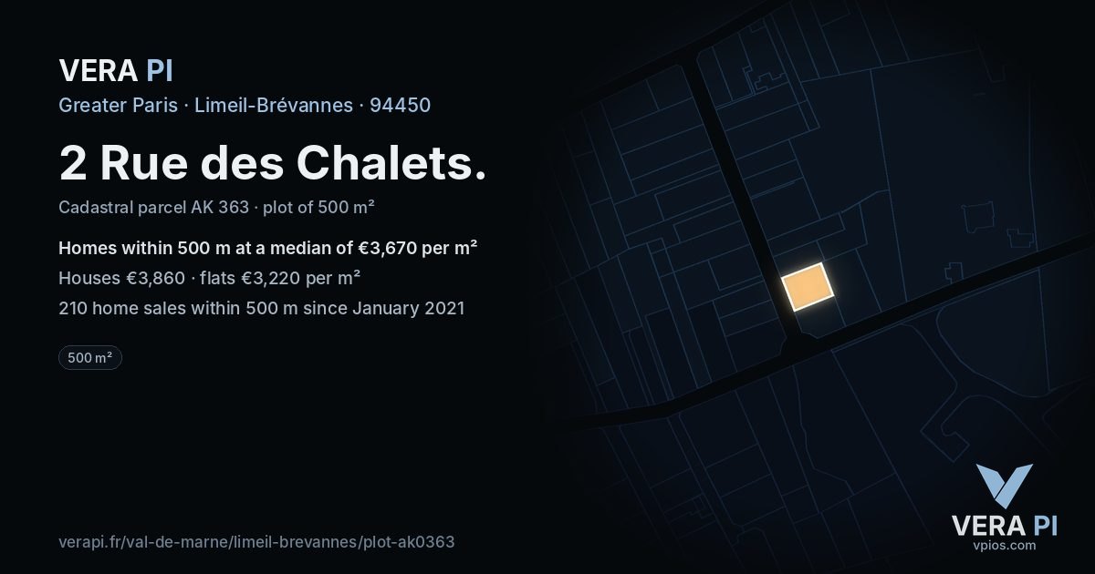 2 Rue des Chalets, Limeil-Brévannes at night – the plot lit, the parcels around coloured by the prices near them