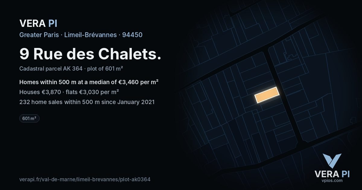9 Rue des Chalets, Limeil-Brévannes at night – the plot lit, the parcels around coloured by the prices near them