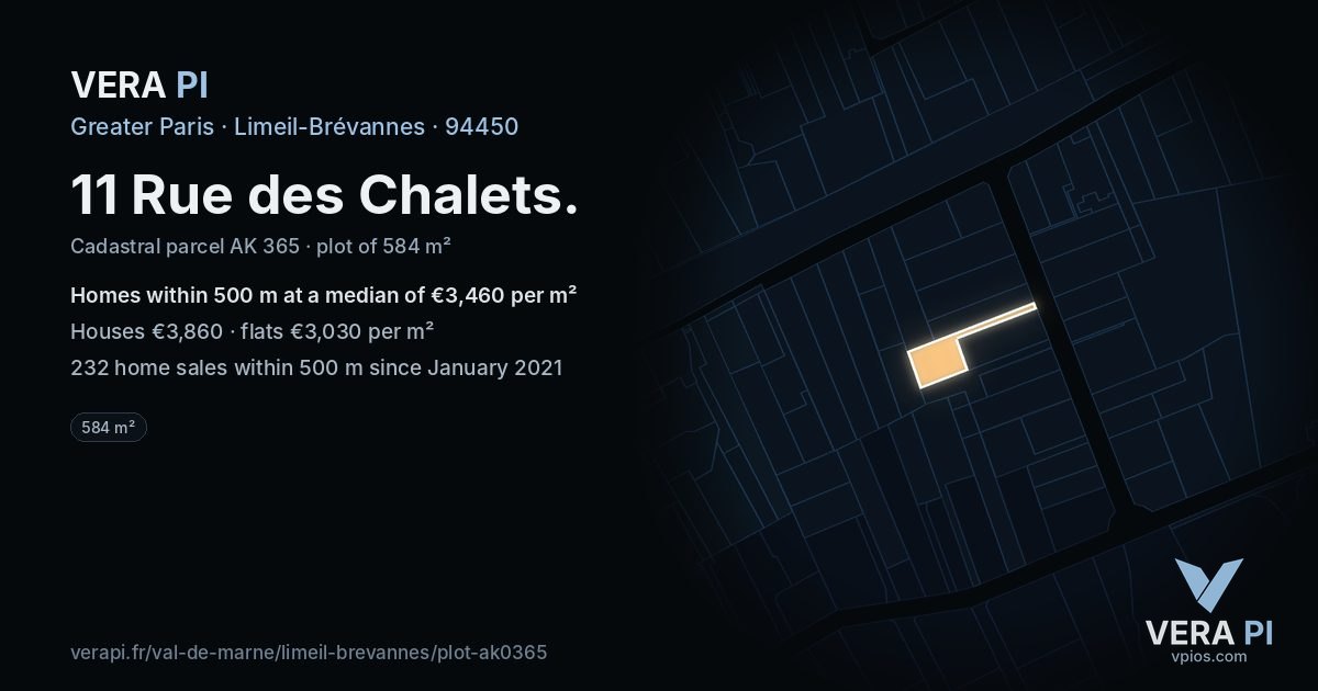 11 Rue des Chalets, Limeil-Brévannes at night – the plot lit, the parcels around coloured by the prices near them