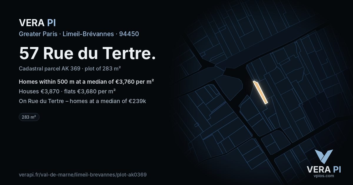 57 Rue du Tertre, Limeil-Brévannes at night – the plot lit, the parcels around coloured by the prices near them