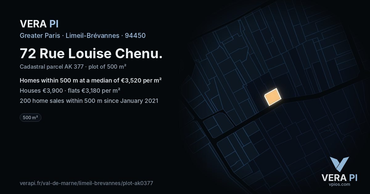 72 Rue Louise Chenu, Limeil-Brévannes at night – the plot lit, the parcels around coloured by the prices near them