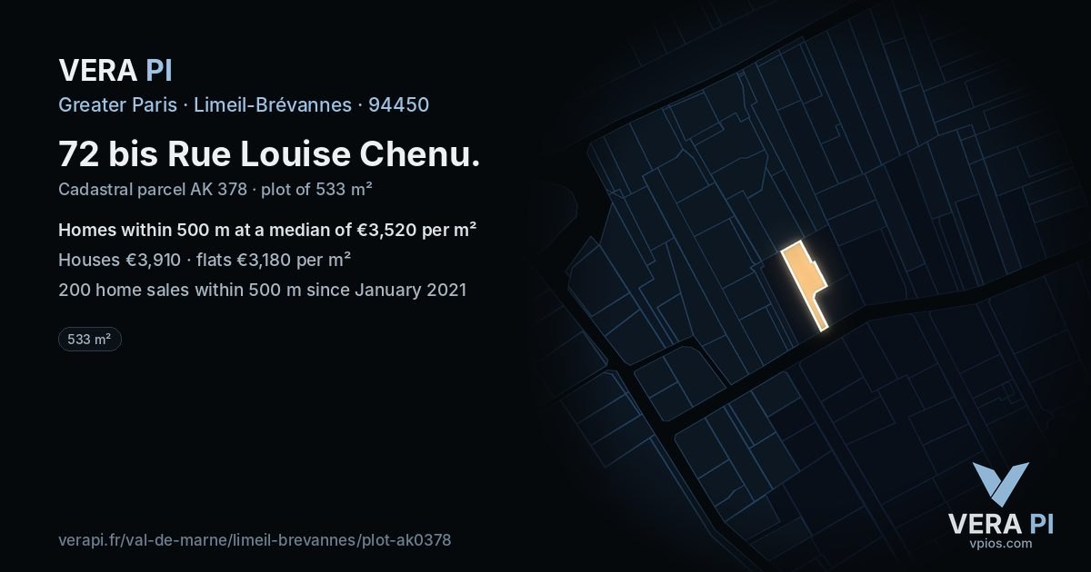 72 bis Rue Louise Chenu, Limeil-Brévannes at night – the plot lit, the parcels around coloured by the prices near them