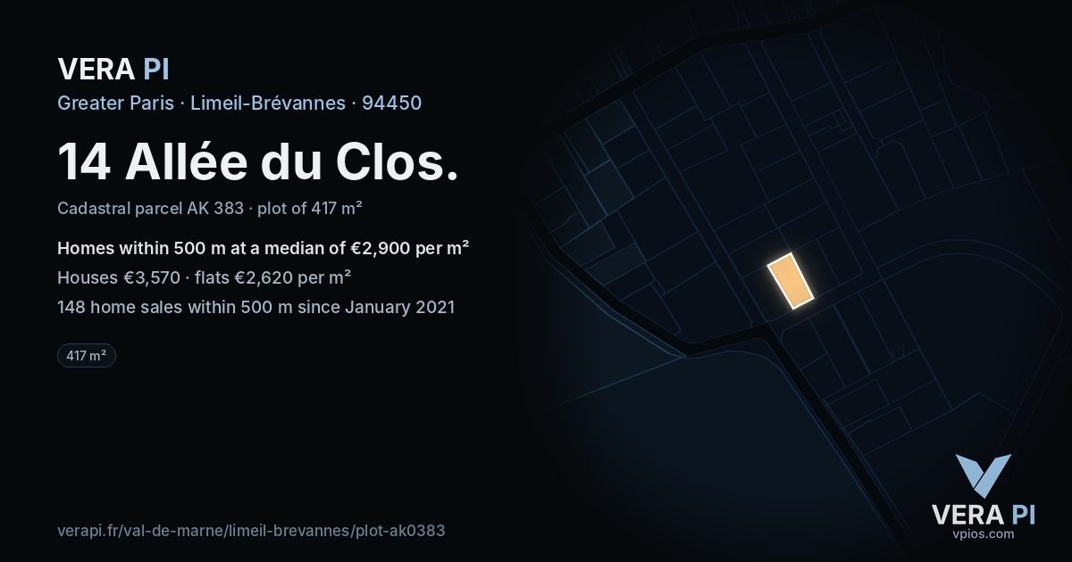 14 Allée du Clos, Limeil-Brévannes at night – the plot lit, the parcels around coloured by the prices near them