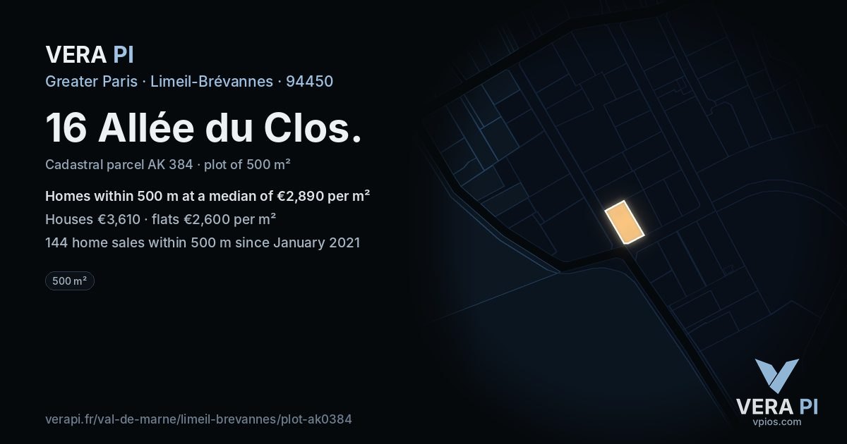 16 Allée du Clos, Limeil-Brévannes at night – the plot lit, the parcels around coloured by the prices near them