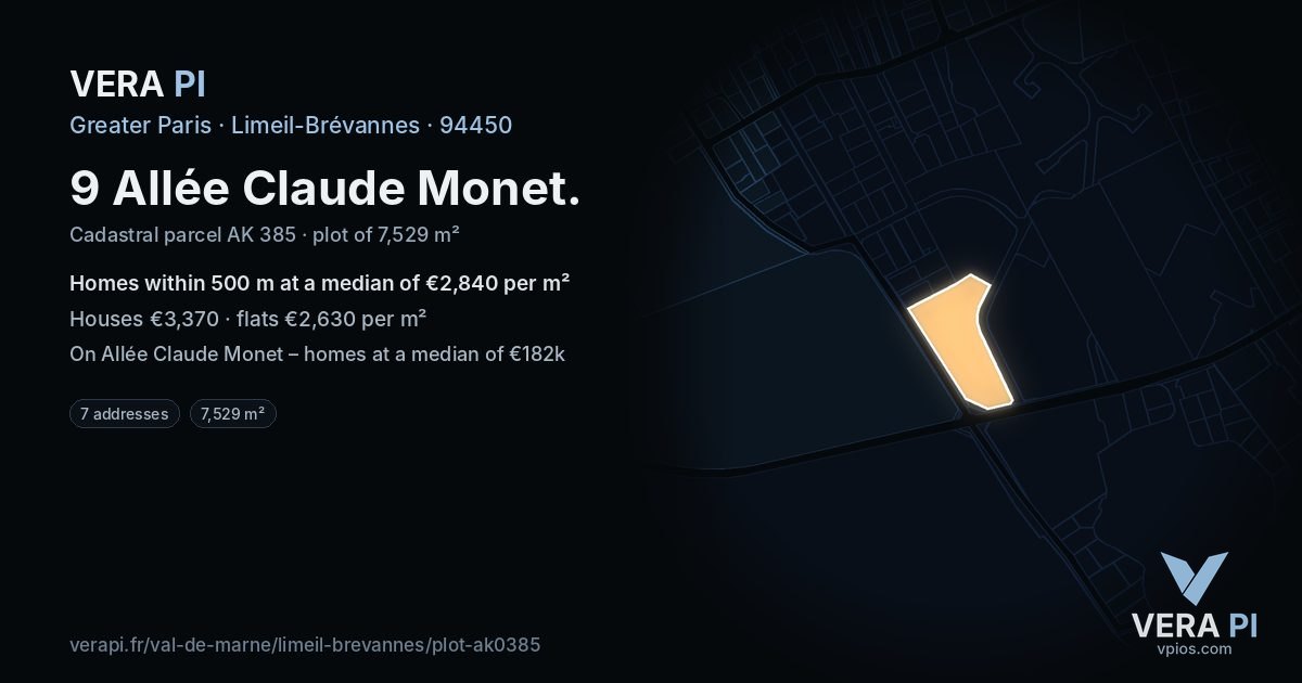 9 Allée Claude Monet, Limeil-Brévannes at night – the plot lit, the parcels around coloured by the prices near them