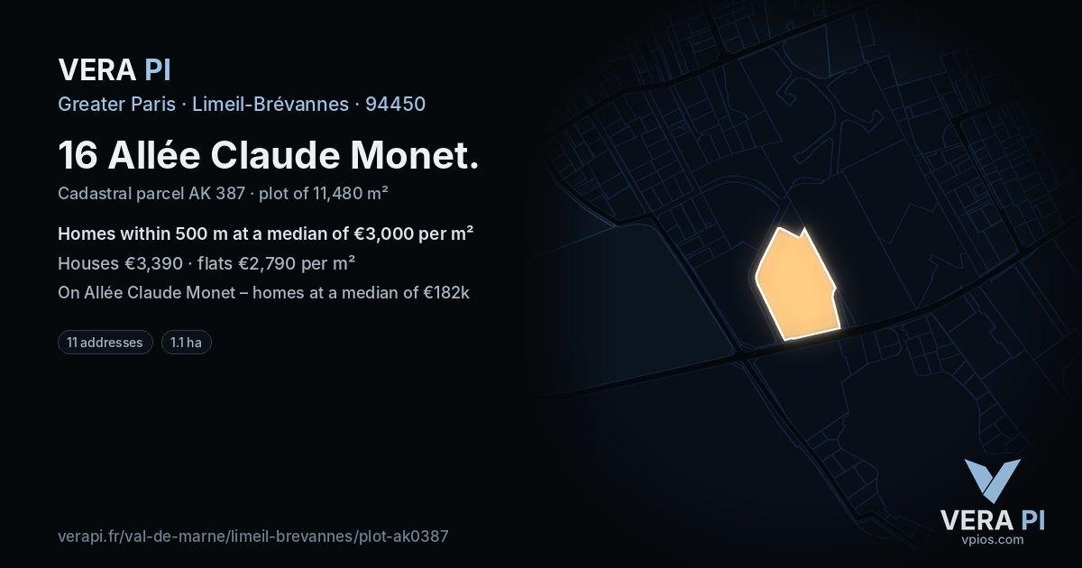 16 Allée Claude Monet, Limeil-Brévannes at night – the plot lit, the parcels around coloured by the prices near them