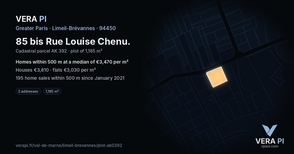 85 bis Rue Louise Chenu, Limeil-Brévannes at night – the plot lit, the parcels around coloured by the prices near them