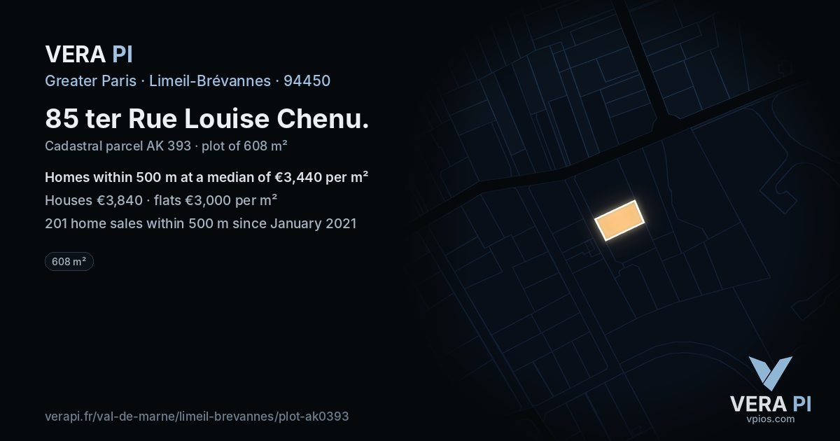 85 ter Rue Louise Chenu, Limeil-Brévannes at night – the plot lit, the parcels around coloured by the prices near them