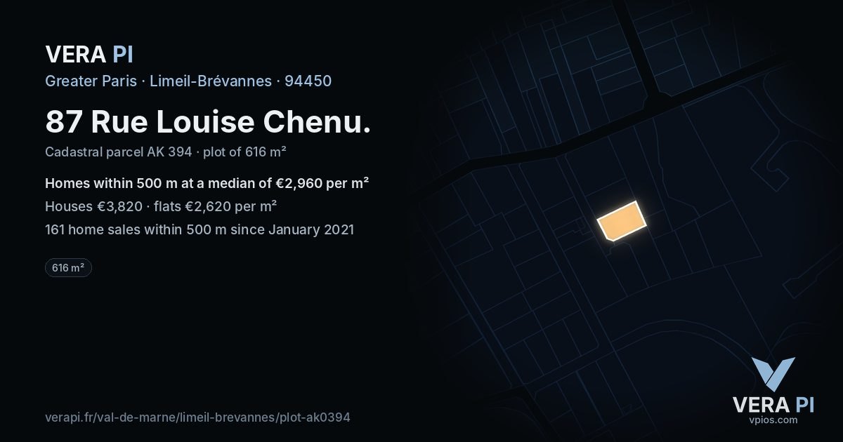 87 Rue Louise Chenu, Limeil-Brévannes at night – the plot lit, the parcels around coloured by the prices near them