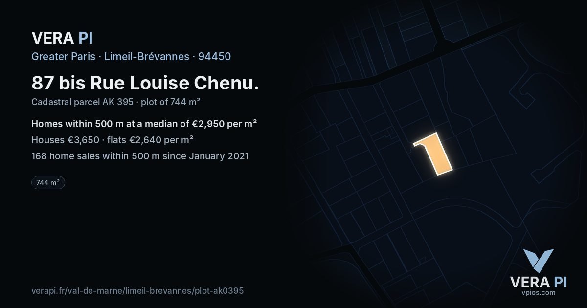 87 bis Rue Louise Chenu, Limeil-Brévannes at night – the plot lit, the parcels around coloured by the prices near them