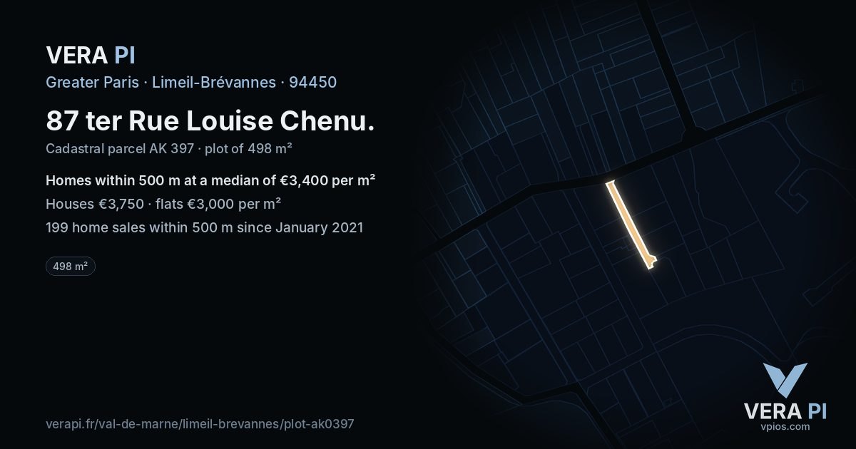 87 ter Rue Louise Chenu, Limeil-Brévannes at night – the plot lit, the parcels around coloured by the prices near them