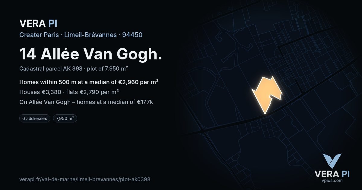 14 Allée Van Gogh, Limeil-Brévannes at night – the plot lit, the parcels around coloured by the prices near them