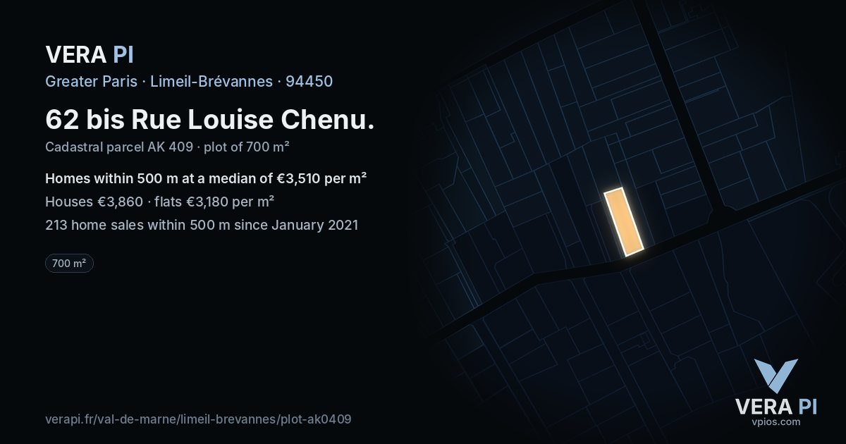 62 bis Rue Louise Chenu, Limeil-Brévannes at night – the plot lit, the parcels around coloured by the prices near them