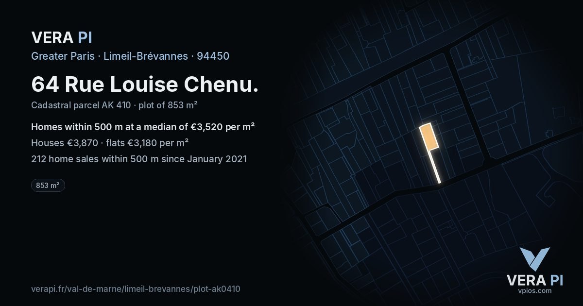 64 Rue Louise Chenu, Limeil-Brévannes at night – the plot lit, the parcels around coloured by the prices near them