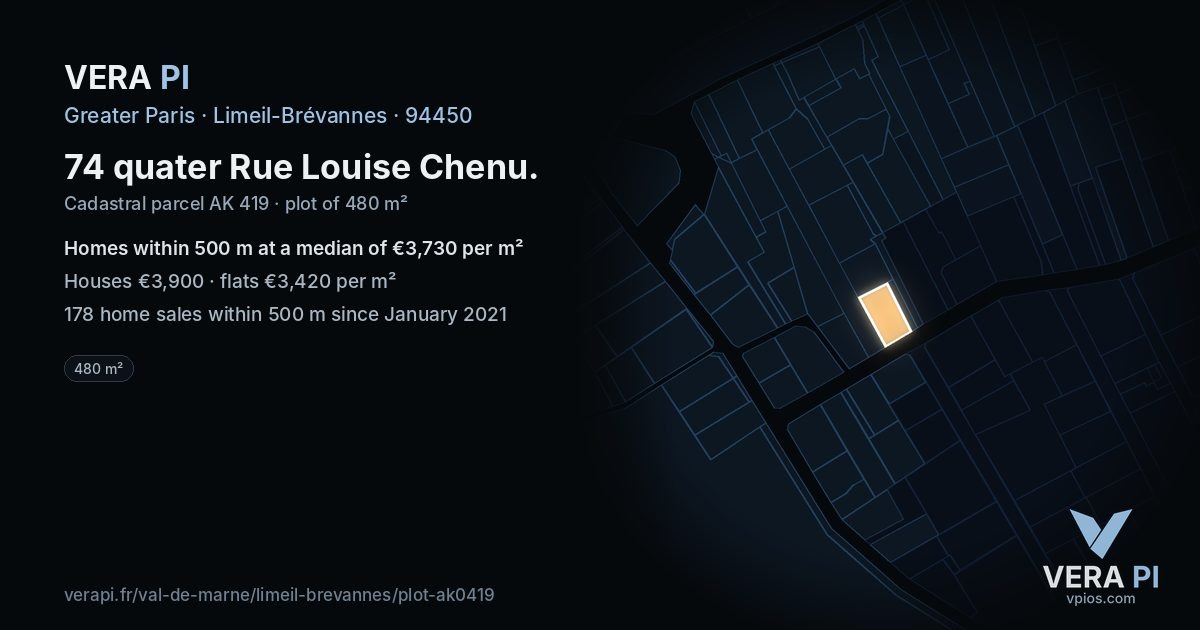 74 quater Rue Louise Chenu, Limeil-Brévannes at night – the plot lit, the parcels around coloured by the prices near them