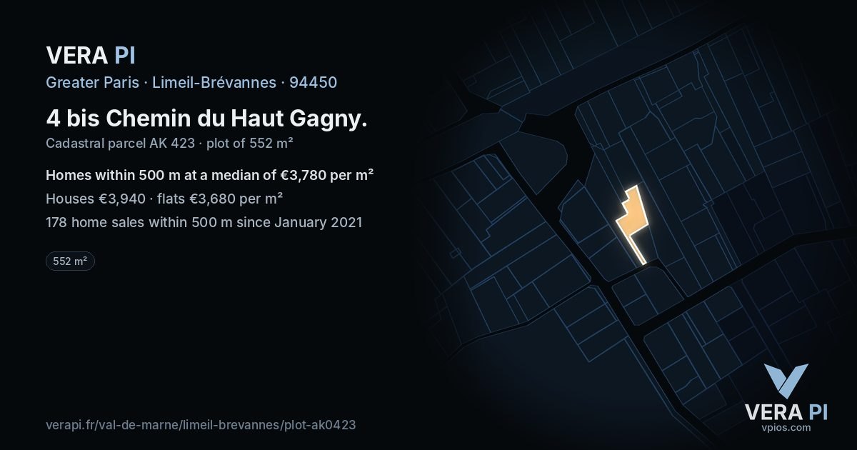 4 bis Chemin du Haut Gagny, Limeil-Brévannes at night – the plot lit, the parcels around coloured by the prices near them