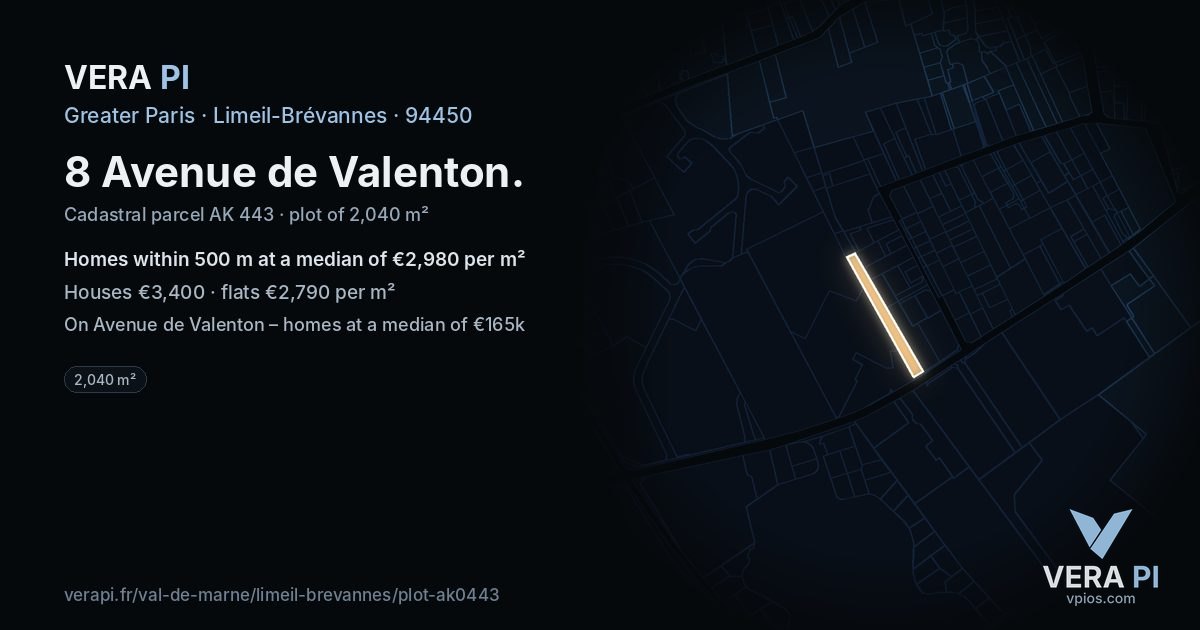 8 Avenue de Valenton, Limeil-Brévannes at night – the plot lit, the parcels around coloured by the prices near them