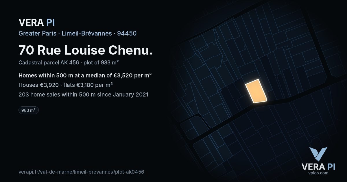 70 Rue Louise Chenu, Limeil-Brévannes at night – the plot lit, the parcels around coloured by the prices near them