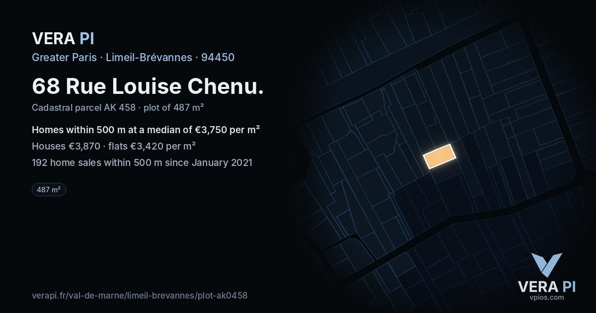 68 Rue Louise Chenu, Limeil-Brévannes at night – the plot lit, the parcels around coloured by the prices near them