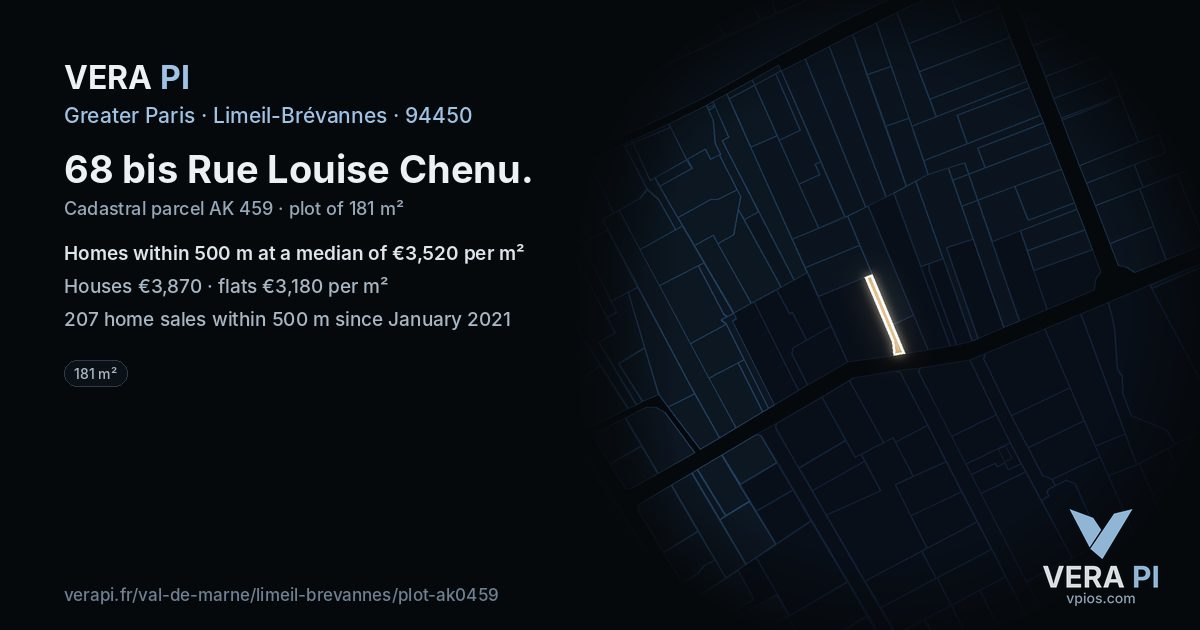 68 bis Rue Louise Chenu, Limeil-Brévannes at night – the plot lit, the parcels around coloured by the prices near them