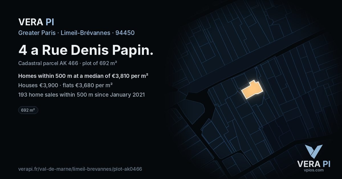 4 a Rue Denis Papin, Limeil-Brévannes at night – the plot lit, the parcels around coloured by the prices near them