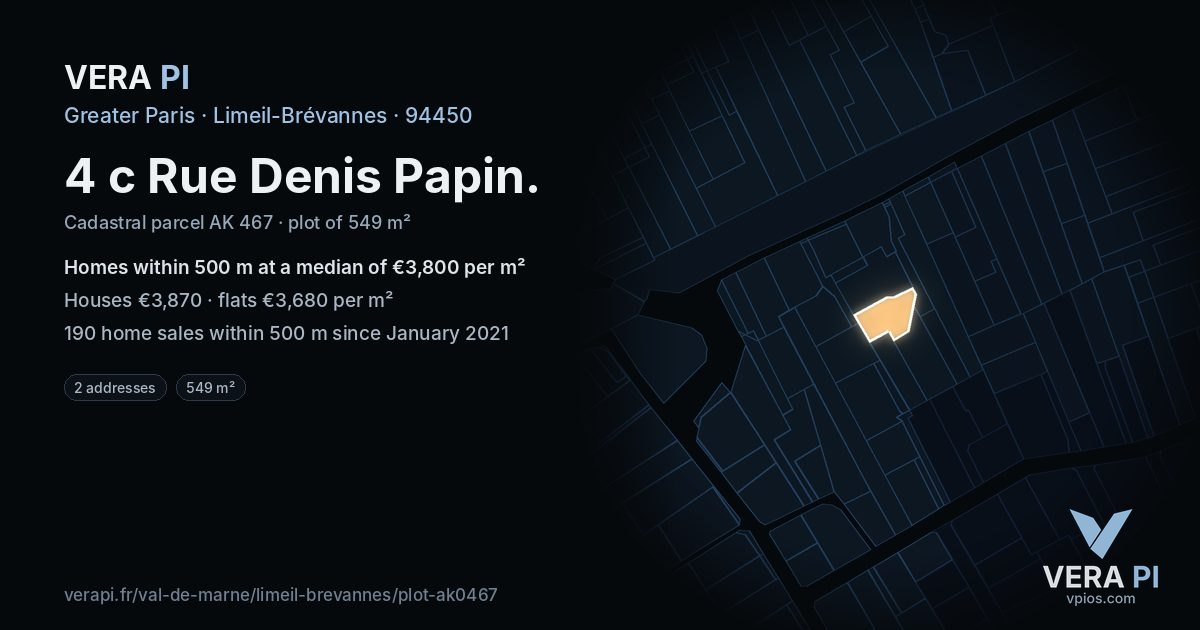 4 c Rue Denis Papin, Limeil-Brévannes at night – the plot lit, the parcels around coloured by the prices near them
