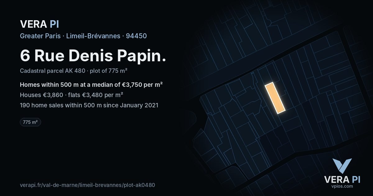 6 Rue Denis Papin, Limeil-Brévannes at night – the plot lit, the parcels around coloured by the prices near them