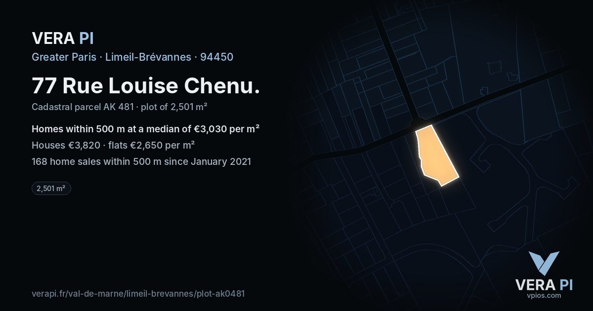 77 Rue Louise Chenu, Limeil-Brévannes at night – the plot lit, the parcels around coloured by the prices near them