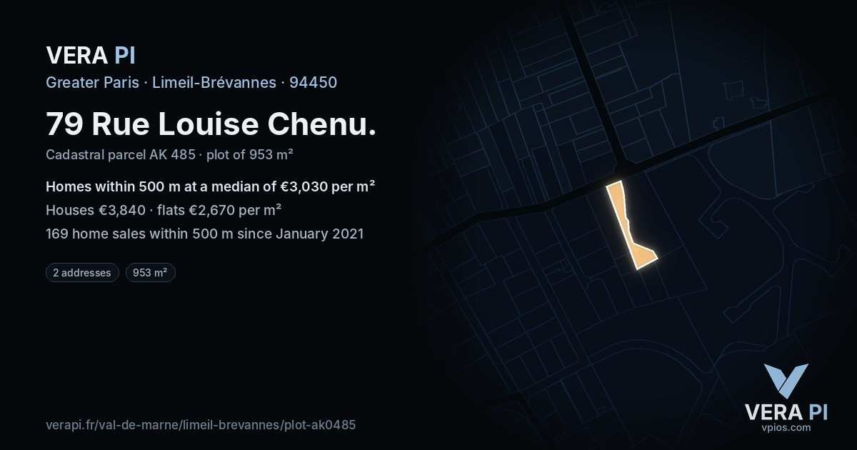 79 Rue Louise Chenu, Limeil-Brévannes at night – the plot lit, the parcels around coloured by the prices near them