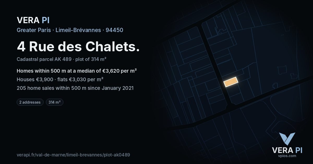 4 Rue des Chalets, Limeil-Brévannes at night – the plot lit, the parcels around coloured by the prices near them