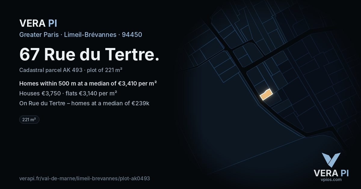 67 Rue du Tertre, Limeil-Brévannes at night – the plot lit, the parcels around coloured by the prices near them