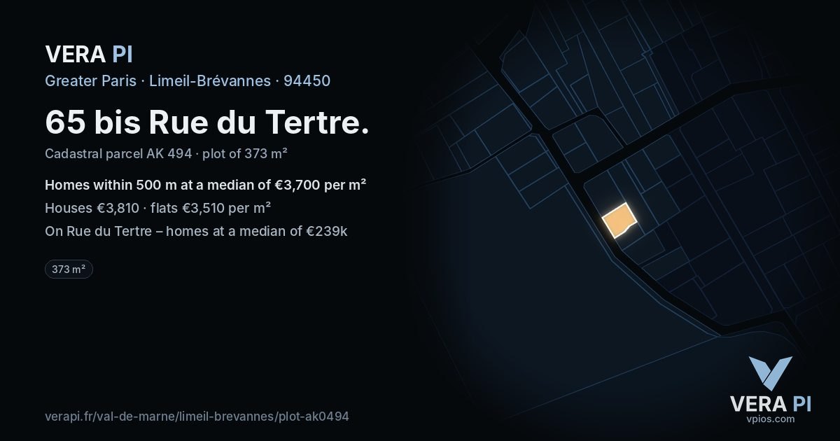 65 bis Rue du Tertre, Limeil-Brévannes at night – the plot lit, the parcels around coloured by the prices near them