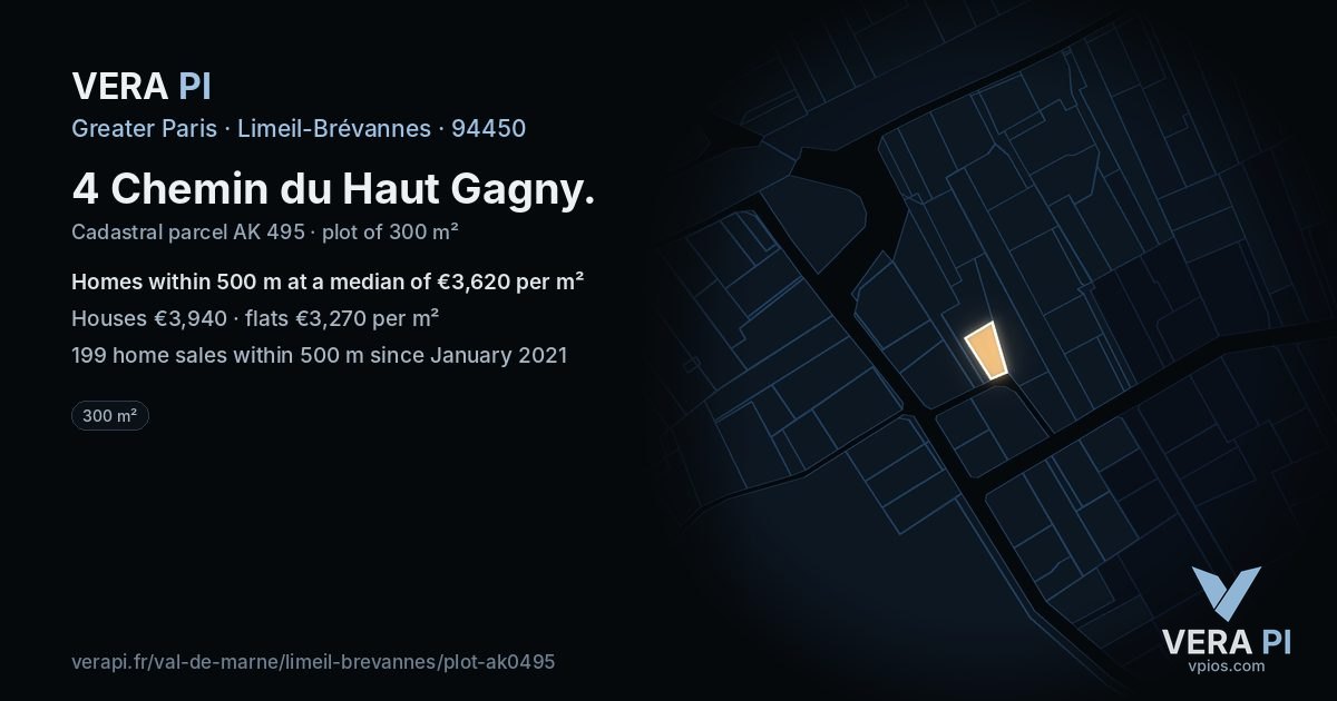 4 Chemin du Haut Gagny, Limeil-Brévannes at night – the plot lit, the parcels around coloured by the prices near them