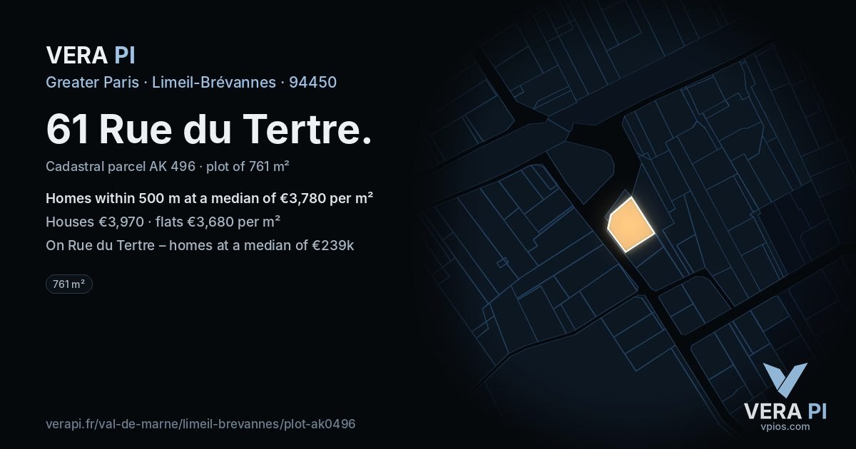 61 Rue du Tertre, Limeil-Brévannes at night – the plot lit, the parcels around coloured by the prices near them