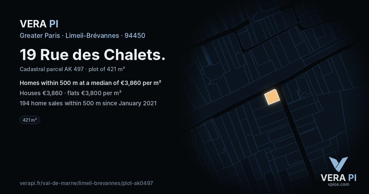 19 Rue des Chalets, Limeil-Brévannes at night – the plot lit, the parcels around coloured by the prices near them