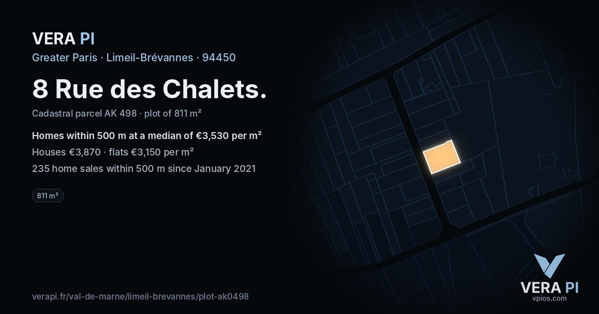 8 Rue des Chalets, Limeil-Brévannes at night – the plot lit, the parcels around coloured by the prices near them