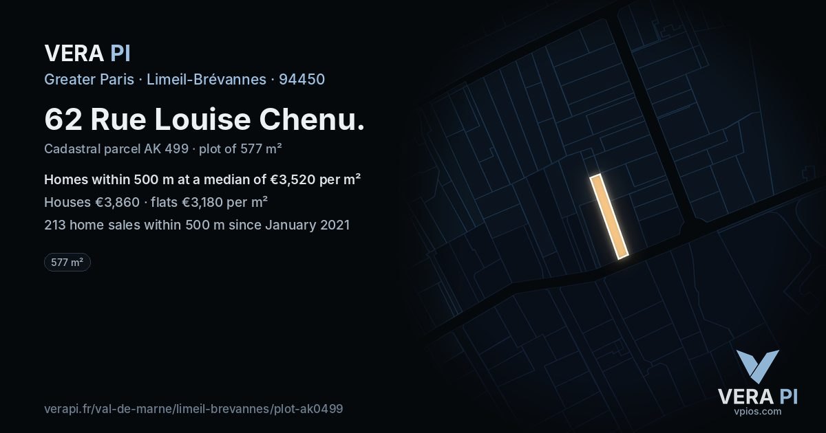 62 Rue Louise Chenu, Limeil-Brévannes at night – the plot lit, the parcels around coloured by the prices near them