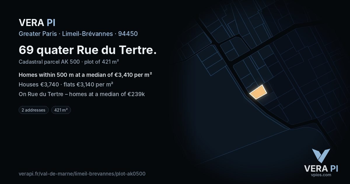 69 quater Rue du Tertre, Limeil-Brévannes at night – the plot lit, the parcels around coloured by the prices near them