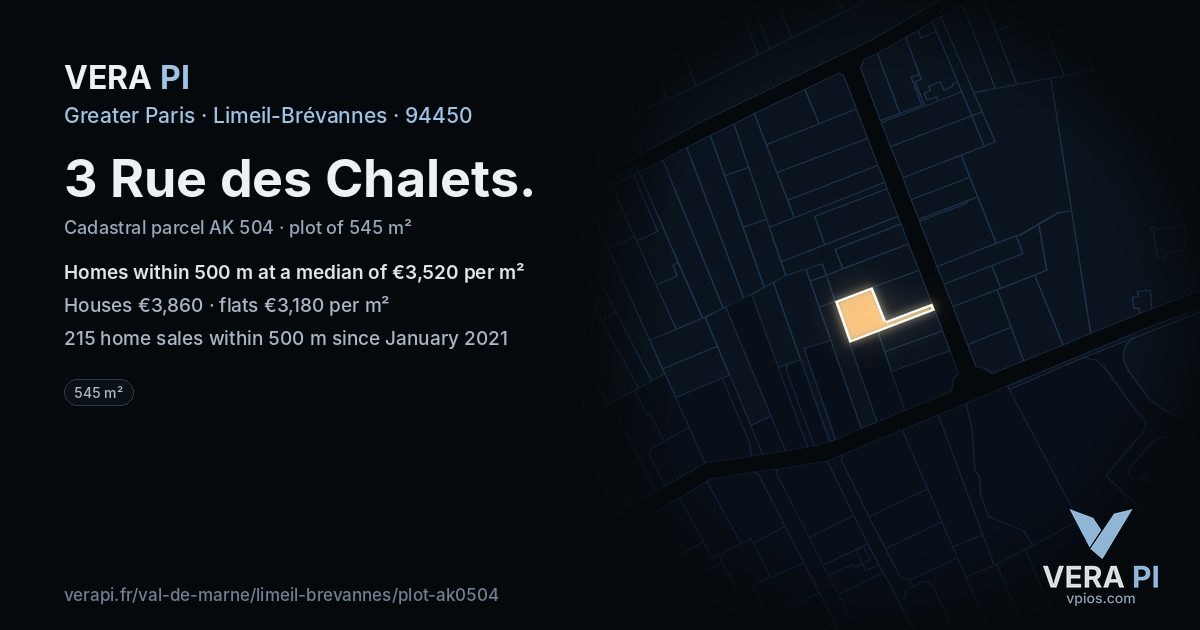 3 Rue des Chalets, Limeil-Brévannes at night – the plot lit, the parcels around coloured by the prices near them