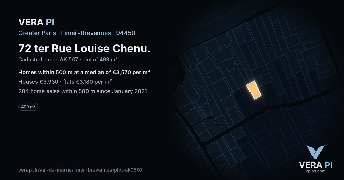 72 ter Rue Louise Chenu, Limeil-Brévannes at night – the plot lit, the parcels around coloured by the prices near them