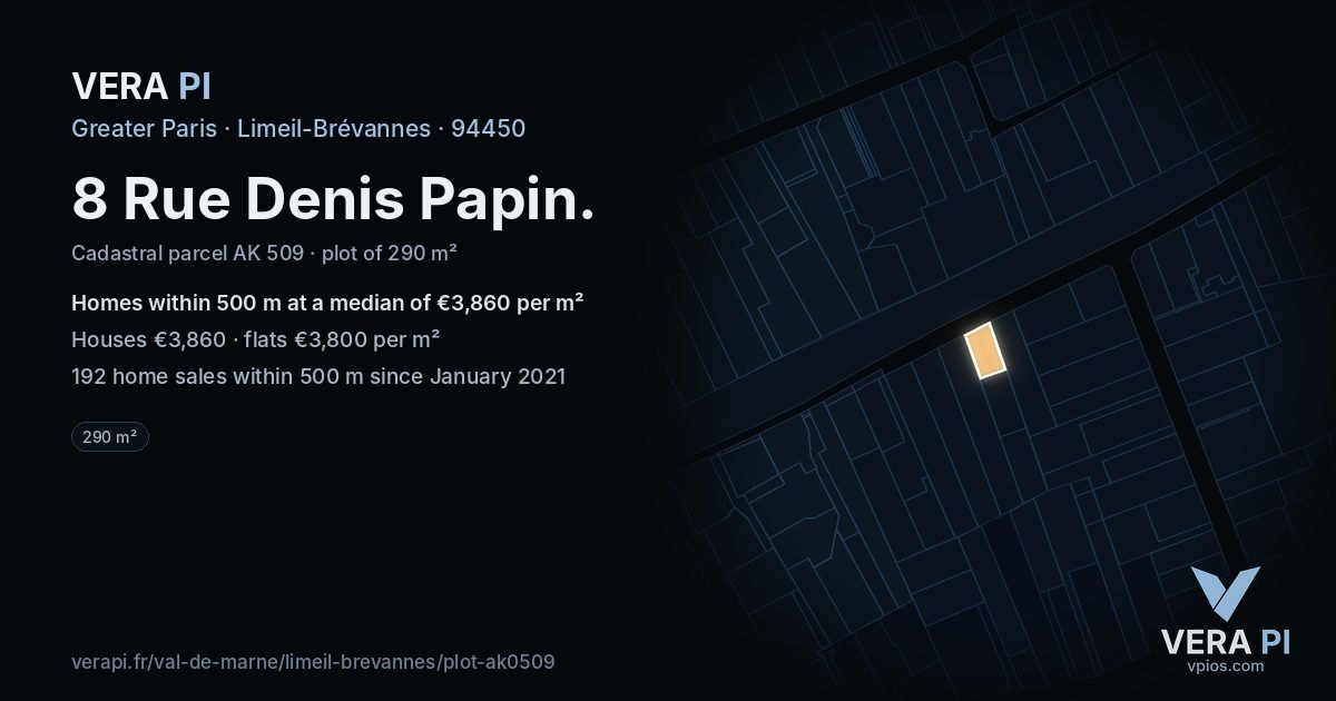 8 Rue Denis Papin, Limeil-Brévannes at night – the plot lit, the parcels around coloured by the prices near them